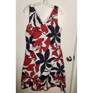 Liz Claiborne Red White Blue Floral Linen Cotton V-Neck Sleeveless Dress‎ Sz 8